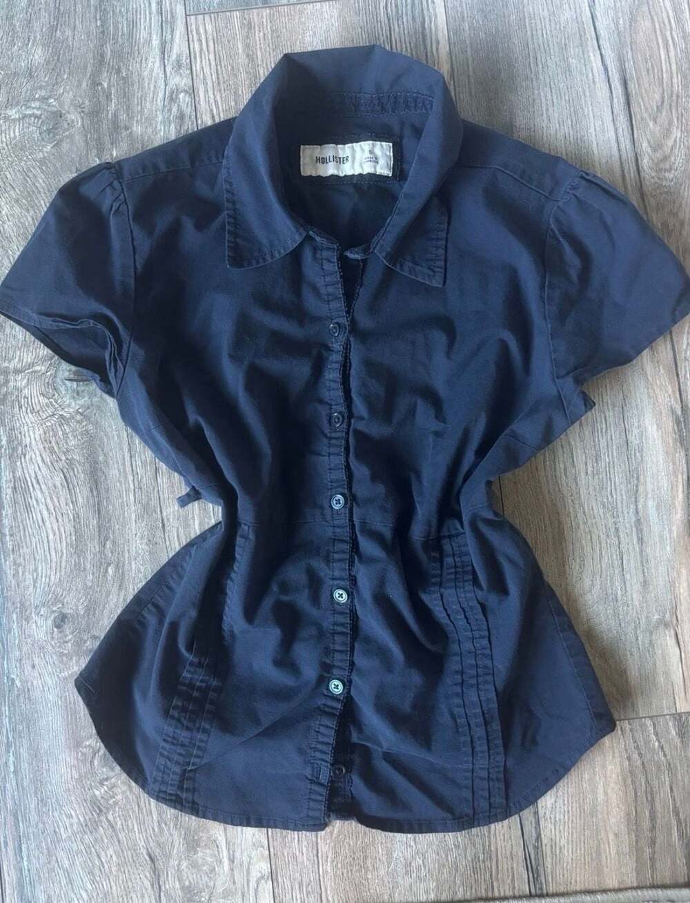 Hollister Navy Blue Short Sleeve Button-Down Blouse with Back Tie